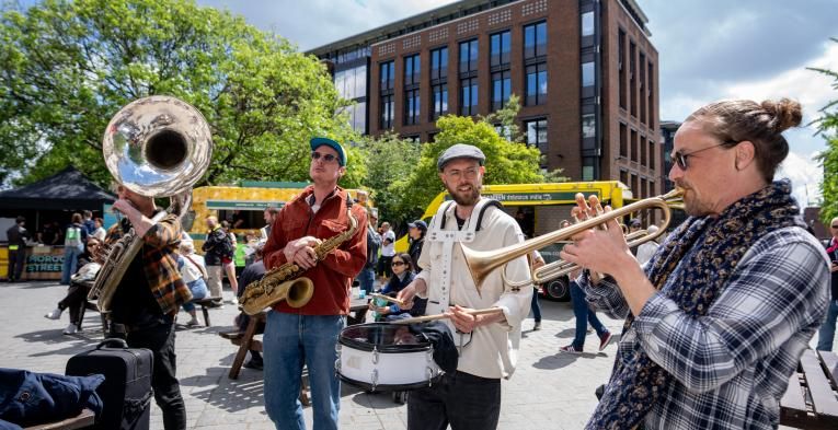 Brass quartet play at the festival hub of RideLondon