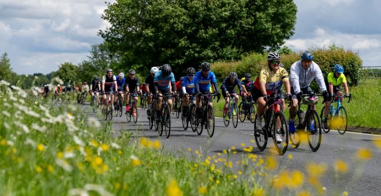 Group of cyclists cycle past a field of wildflowers during the RideLondon event