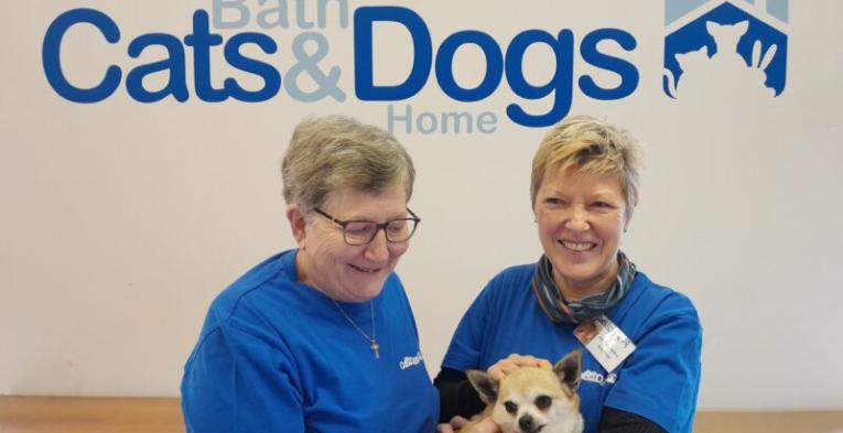 Two ladies smiling and holding a dog with a sign behind them saying "Cats & Dogs Home""