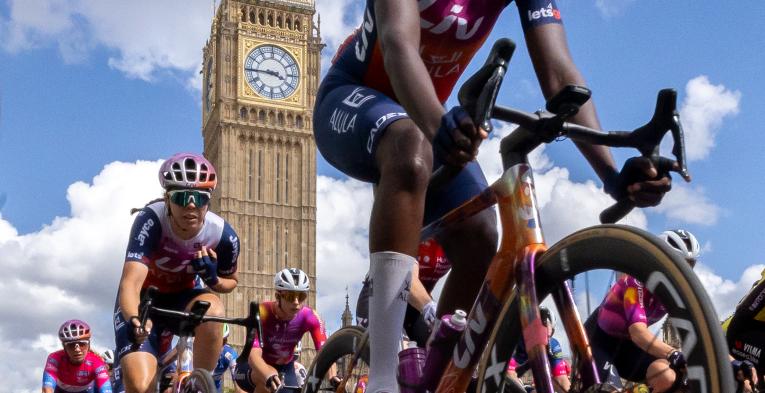 Victoria Teniel Campbell (TTO) of Liv AlUla Jayco (AUS) rides past Big Ben