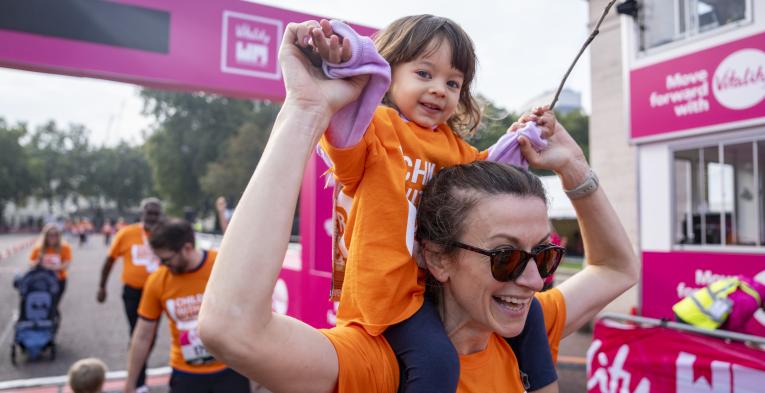 Toddler on shoulders of mum