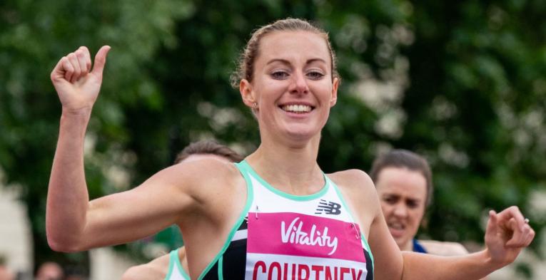 Melissa Courtney crosses the finish line to win the British Championship One Mile Road Race Senior Women as part of The Vitality Westminster Mile