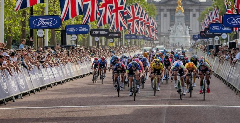 Charlotte Kool of Team DSM (NED) celebrates winning the Ford RideLondon Classique on The Mall on Sunday 28th May 2023