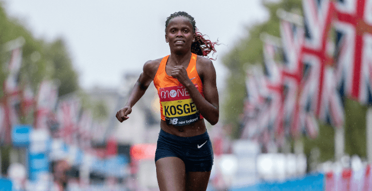 Kosgei crosses the finish line at the London Marathon