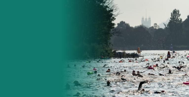 General view of swimmers in action at the Children With Cancer UK Swim Serpentine on Saturday 18th September 2021.