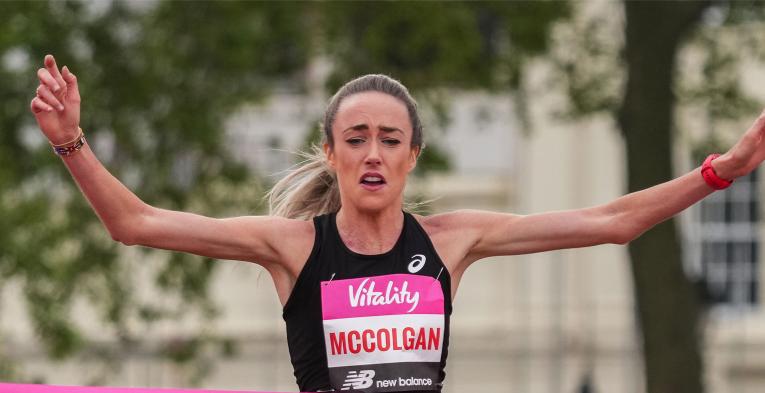 Eilish McColgan celebrates as she crosses the finish line to win the Elite Women’s Race and break the Scottish 10k record.