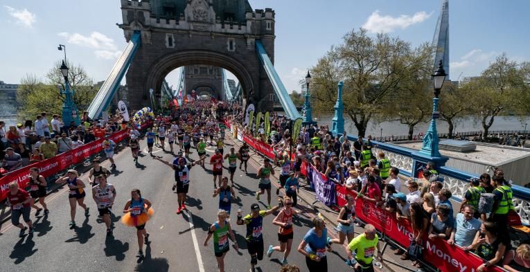 London Marathon participants run over Tower Bridge