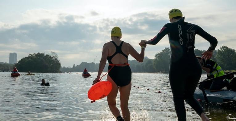 Swimmers start the Children With Cancer UK Swim Serpentine on Saturday 18th September 2021.