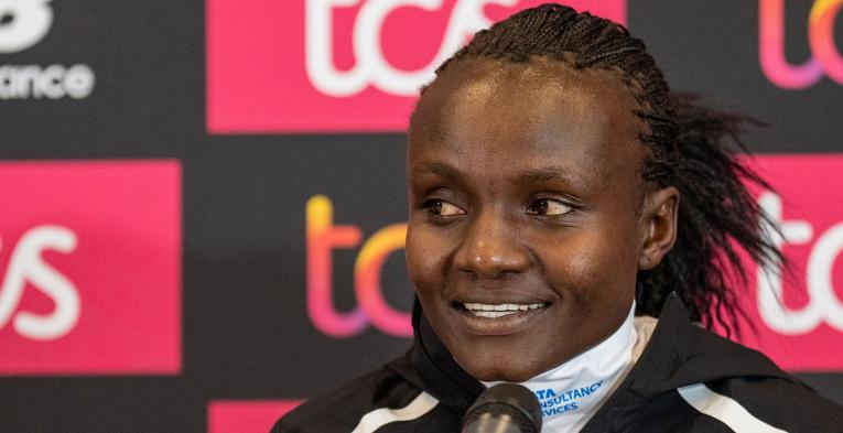 Joyciline Jepkosgei speaks to the media ahead of the 2022 TCS London Marathon