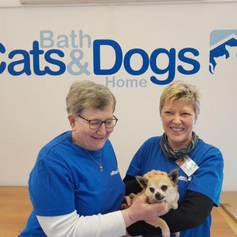 Two ladies smiling and holding a dog with a sign behind them saying "Cats & Dogs Home""