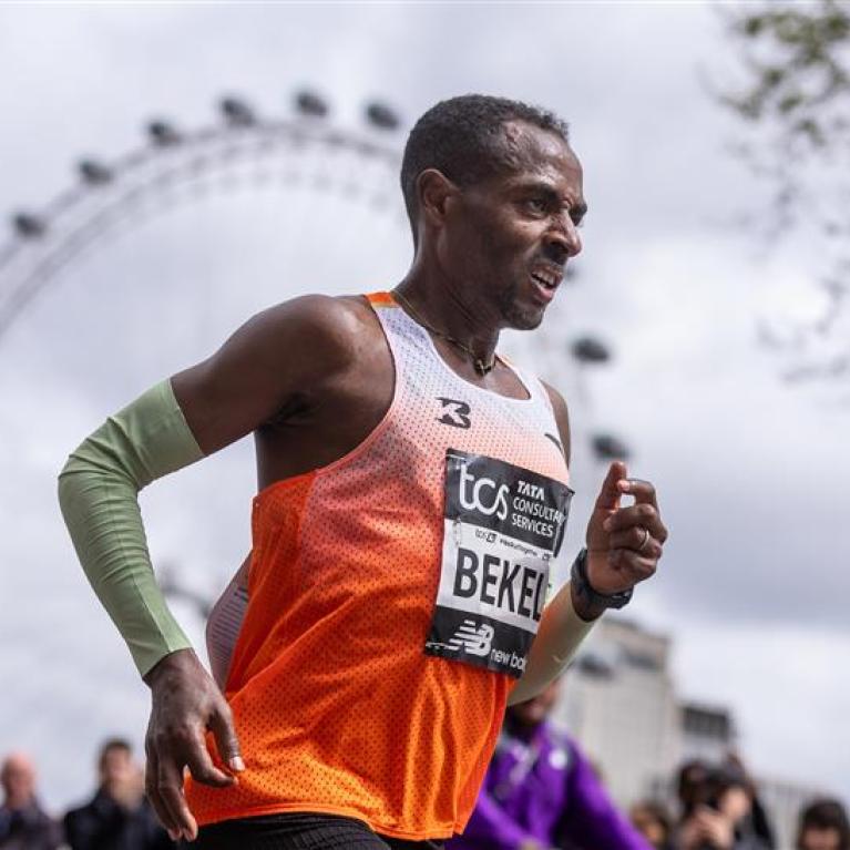 Kenenisa Bekele passes the London Eye as he competes in the Elite Men’s Race during The TCS London Marathon in 2024