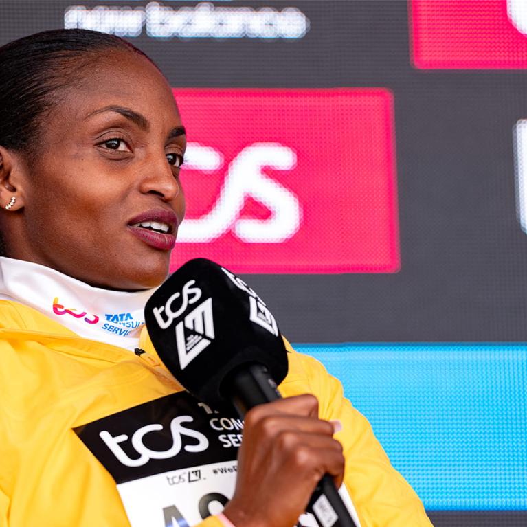 Tigst Assefa at the 2024 TCS London Marathon press conference