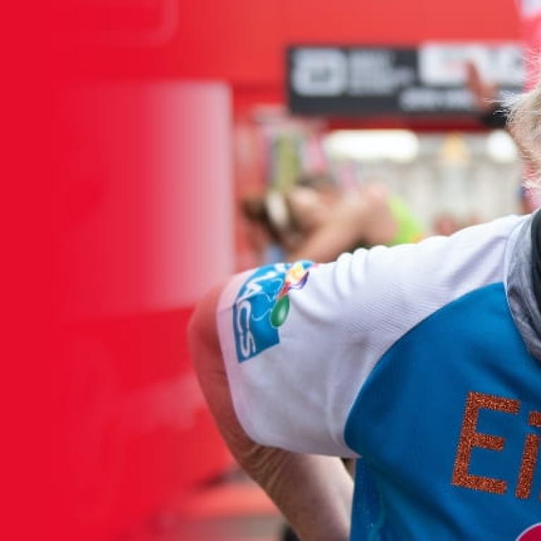 Eileen Noble is the oldest female runner reacts after finishing the TCS London Marathon, 28 April 2019.