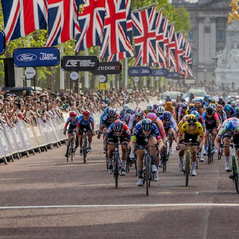 Charlotte Kool of Team DSM (NED) celebrates winning the Ford RideLondon Classique on The Mall on Sunday 28th May 2023