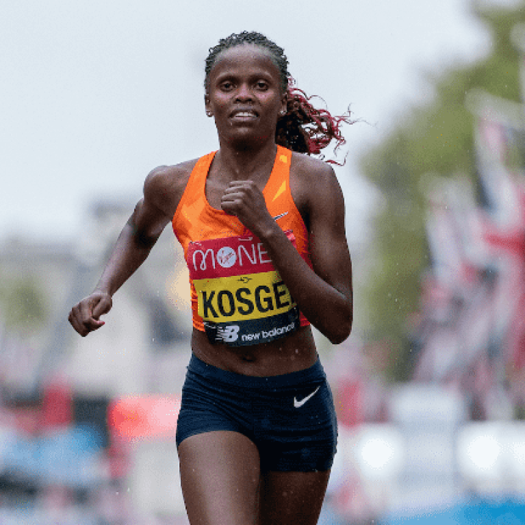 Kosgei crosses the finish line at the London Marathon