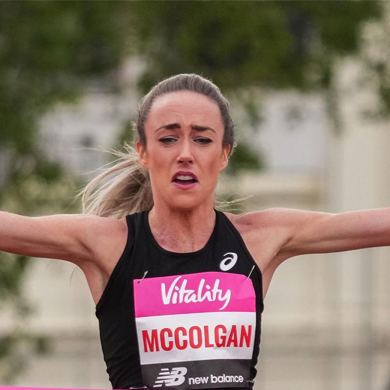 Eilish McColgan celebrates as she crosses the finish line to win the Elite Women’s Race and break the Scottish 10k record.