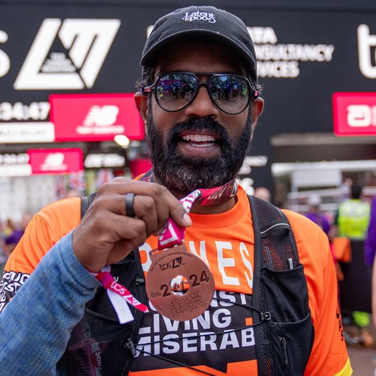 Romesh Ranganathan at the 2024 TCS London Marathon Finish Line