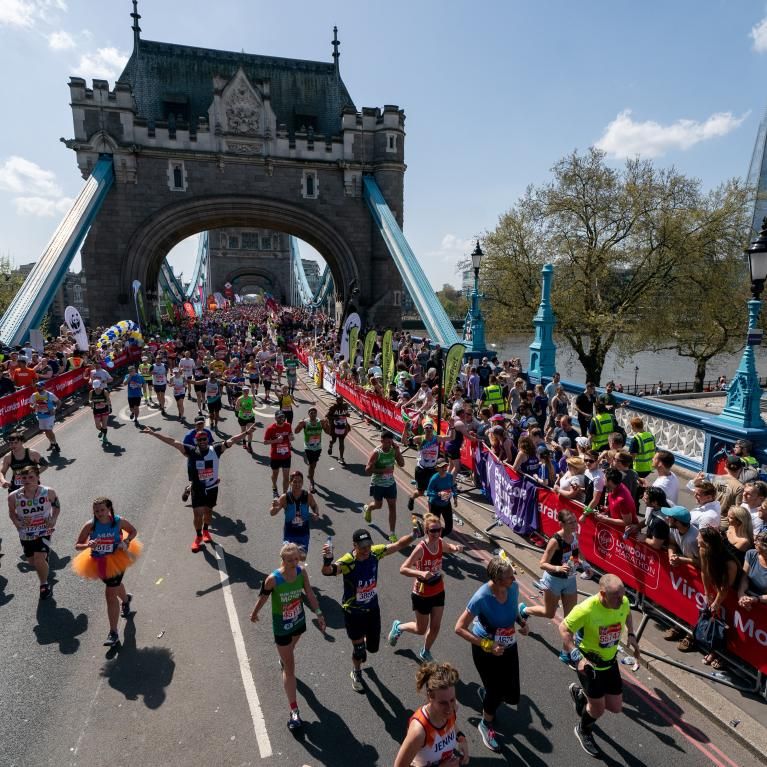 London Marathon participants run over Tower Bridge