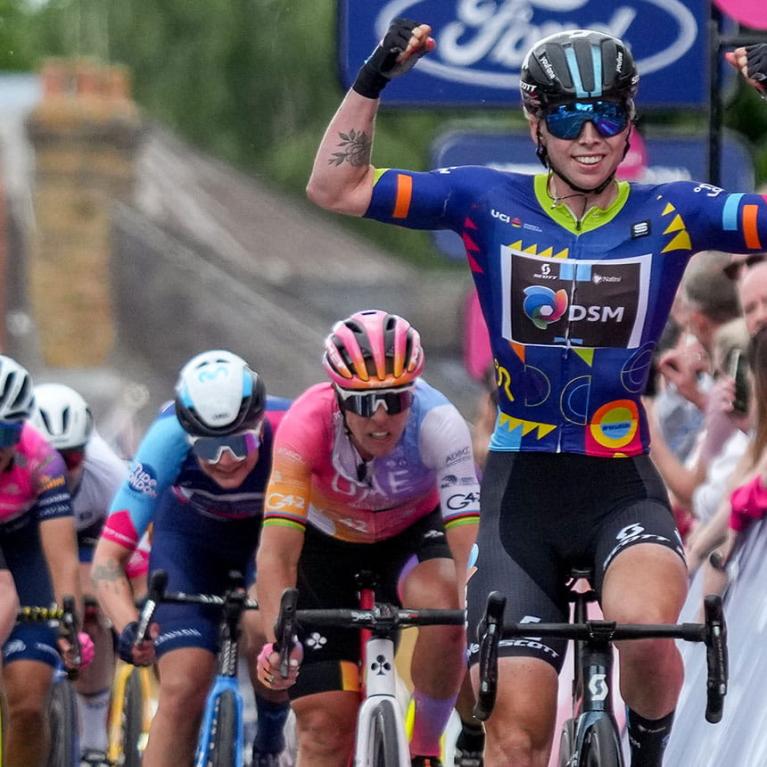 Lorena Wiebes (NED) of Team DSM (NED) salutes her victory after sprinting to win the stage on High Street Epping. 