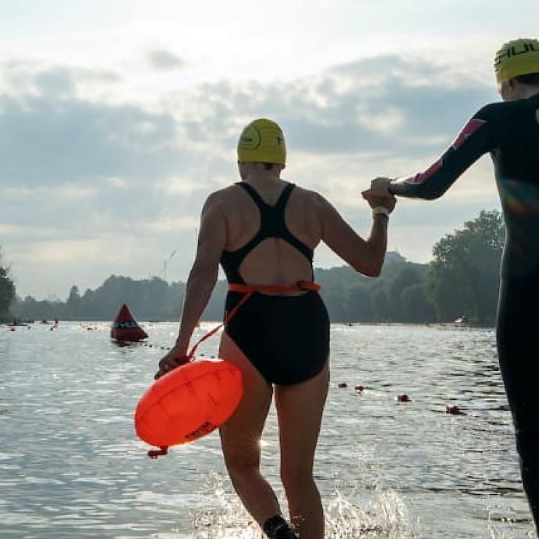 Swimmers start the Children With Cancer UK Swim Serpentine on Saturday 18th September 2021.