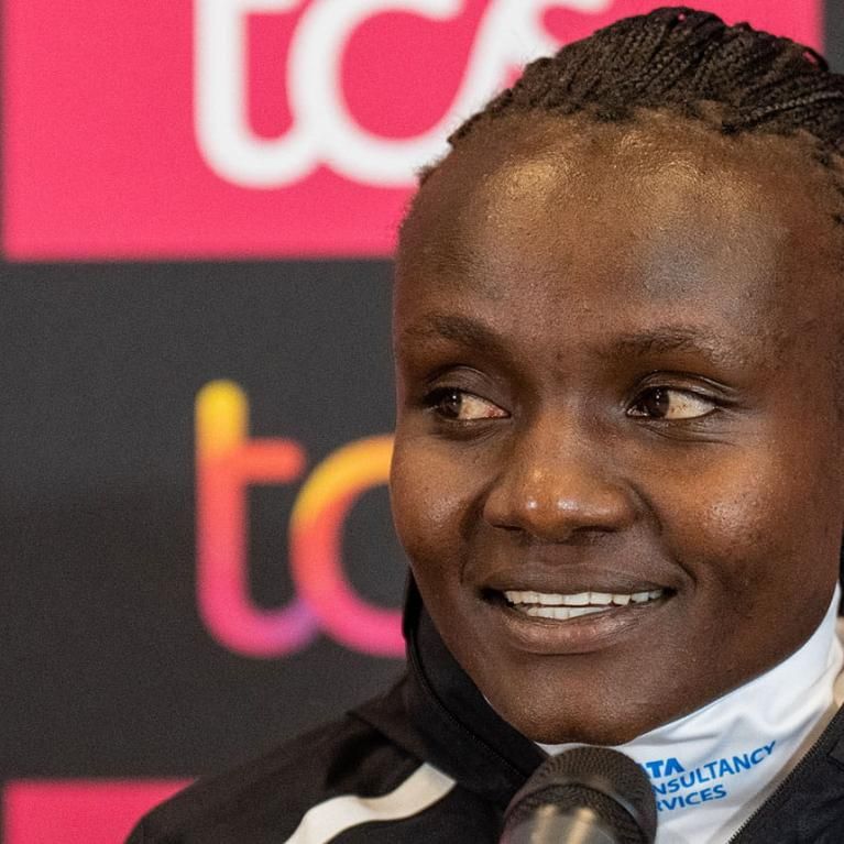 Joyciline Jepkosgei speaks to the media ahead of the 2022 TCS London Marathon