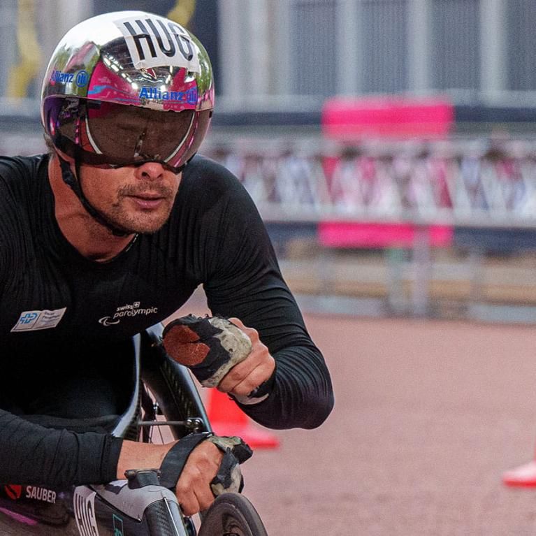 Marcel Hug at the Finish Line of the TCS London Marathon