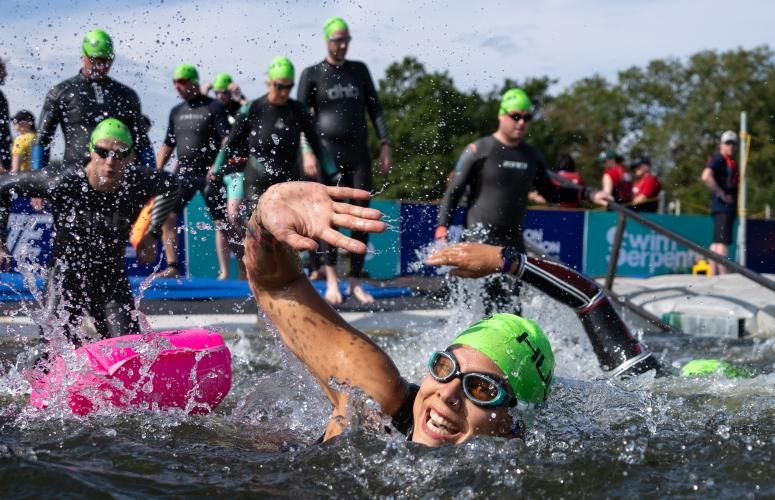 Swimmers enter the water at Swim Serpentine 