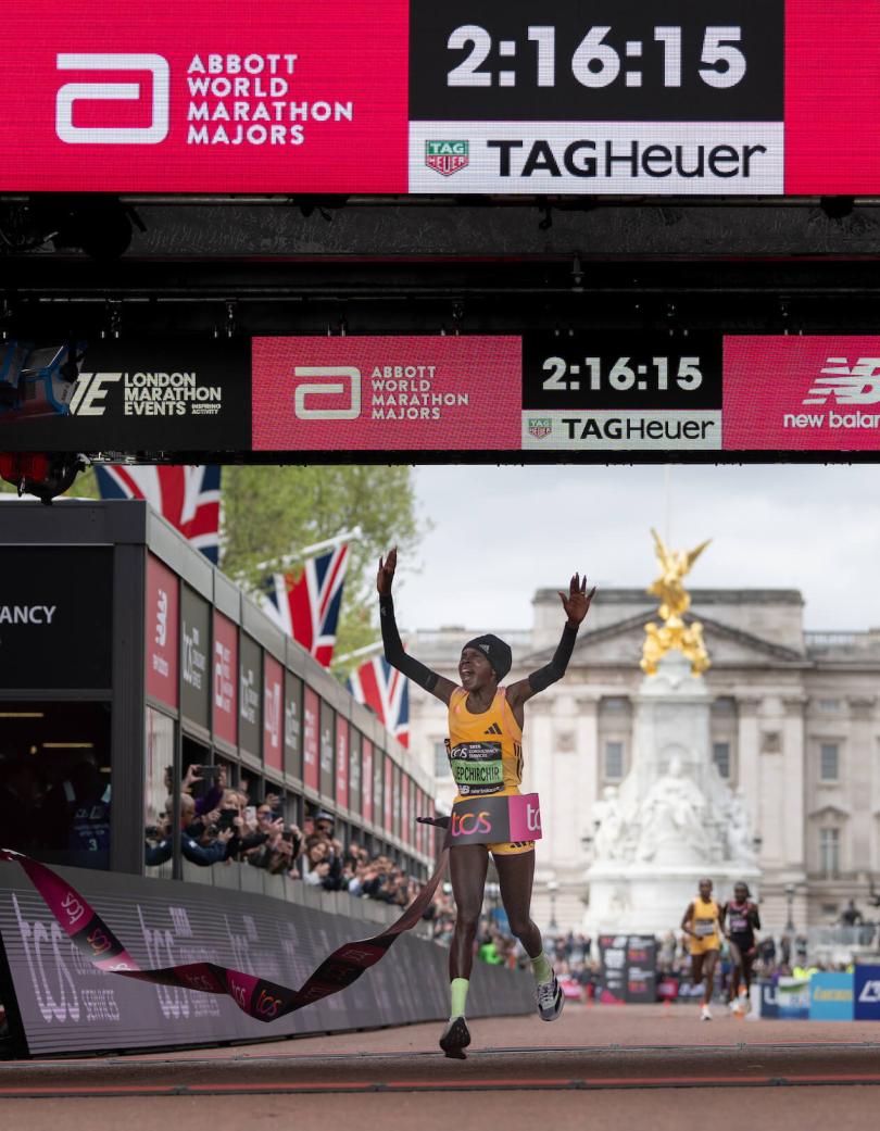 Peres Jepchirchir (KEN) crosses the finish line to win the Elite Women’s Race during The TCS London Marathon on Sunday 21st April 2024.