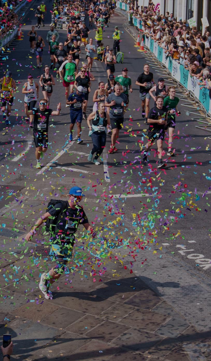 A areal view of confetti canons going off over the course