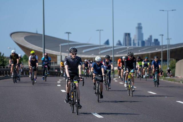 Cyclists going through the Olympic park during Ford RideLondon 2024